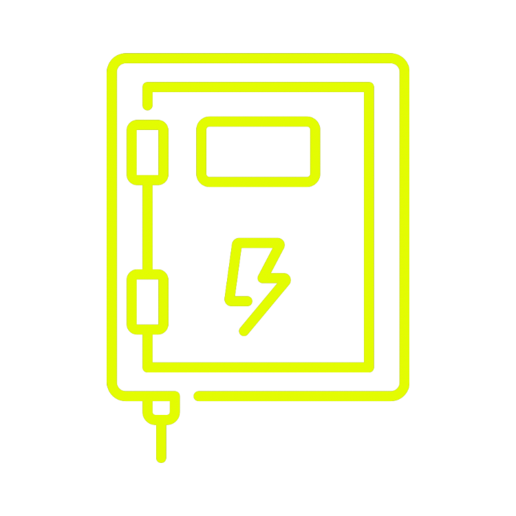 Neon yellow icon of a door with a lightning bolt on a white background