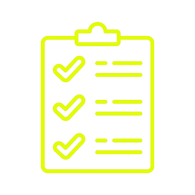 Yellow outline of a clipboard with checkmarks on a white background