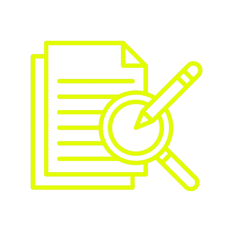 Yellow icon of a document with a magnifying glass on a white background