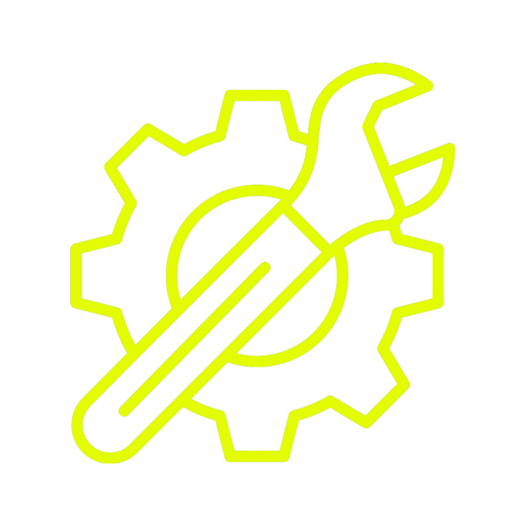 Yellow outline of a wrench and gear on a white background