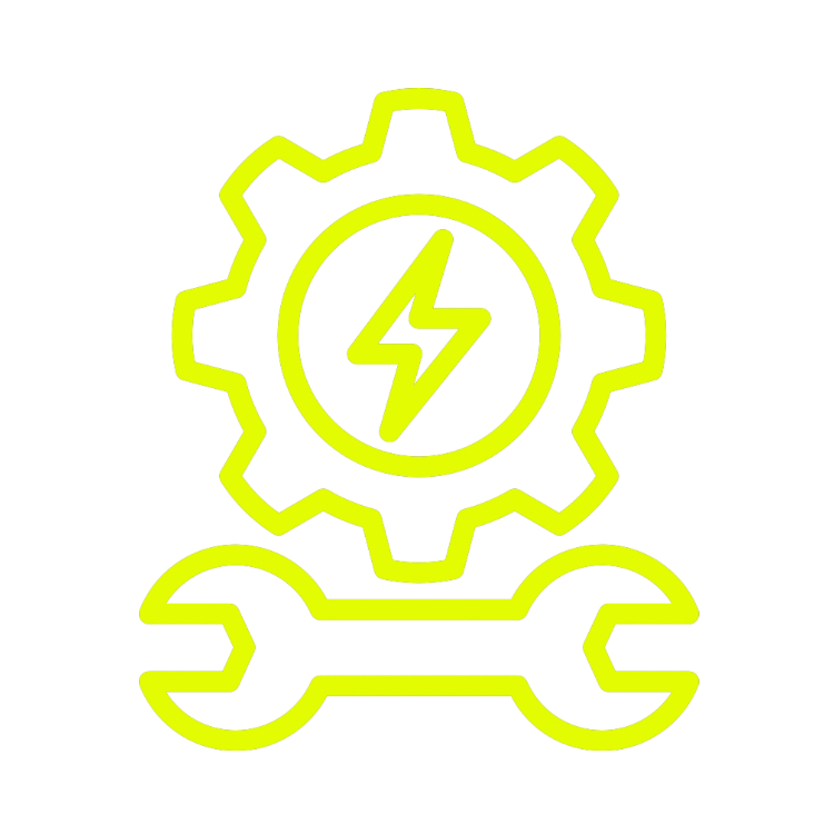 Yellow gear, lightning bolt, and wrench icon on a white background