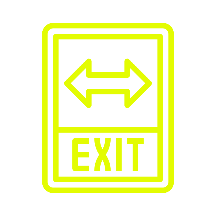Neon yellow exit sign with double arrows on a white background